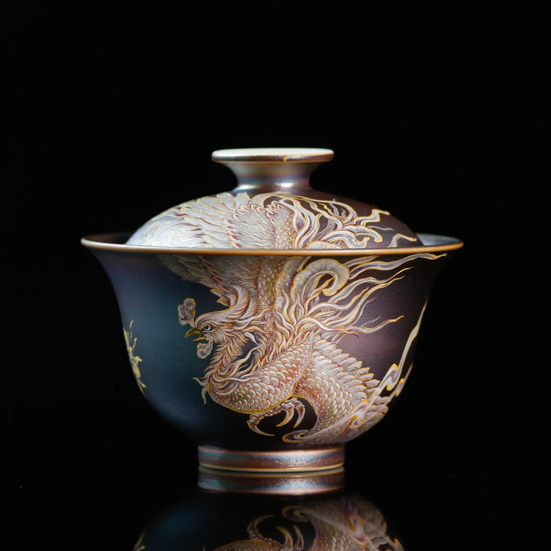 【晚晚专享】柴房柴烧窑宝手绘描金凤舞盖碗  WF105