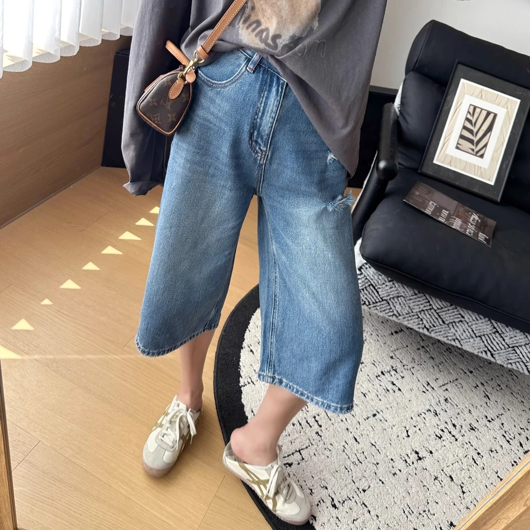 夏季设计感破洞阔腿七分裤女梨型身材高腰宽松显瘦小个子牛仔中裤