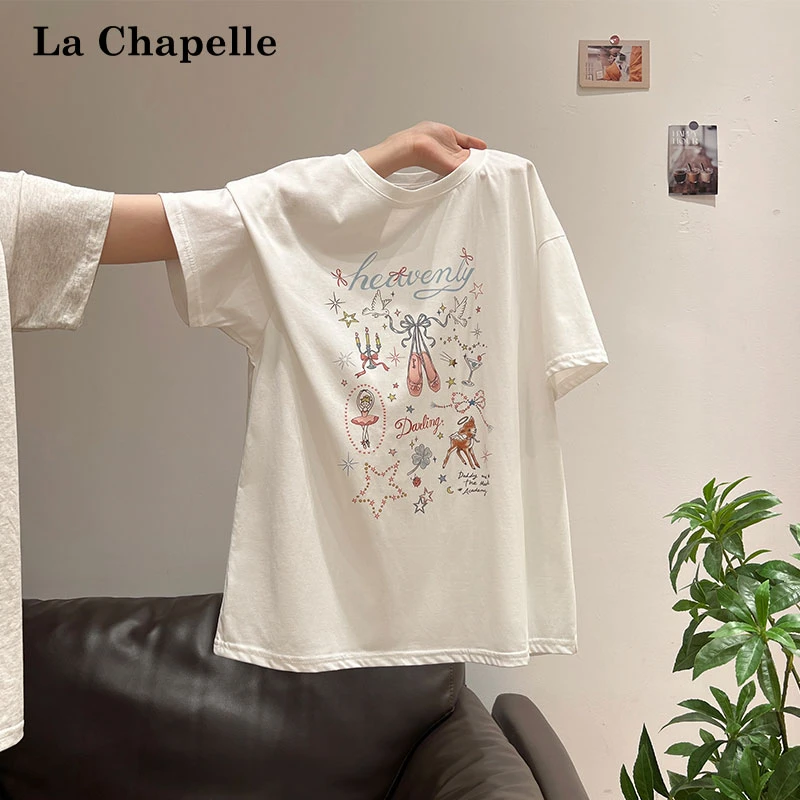拉夏贝尔甜美卡通印花白色短袖T恤女夏季宽松慵懒设计感显瘦上衣