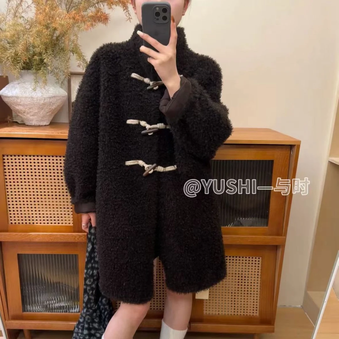 冬上新~立领宽松型中长款高级气质巴黎卷外套韩版牛角扣 环保皮草