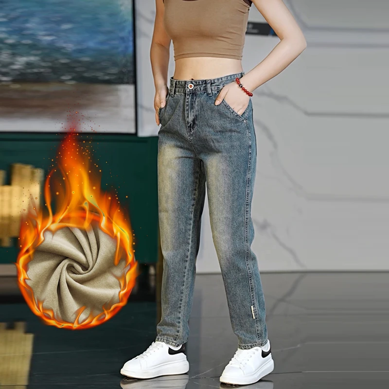 新款秋冬季男士牛仔裤长裤微宽松加绒加厚直筒复古色无弹牛仔裤