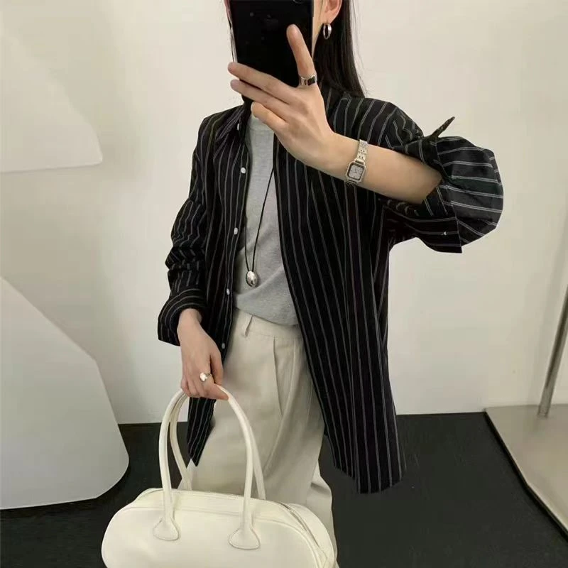 AMAZCOOL 亚麻竖条纹宽松休闲长袖衬衫5765