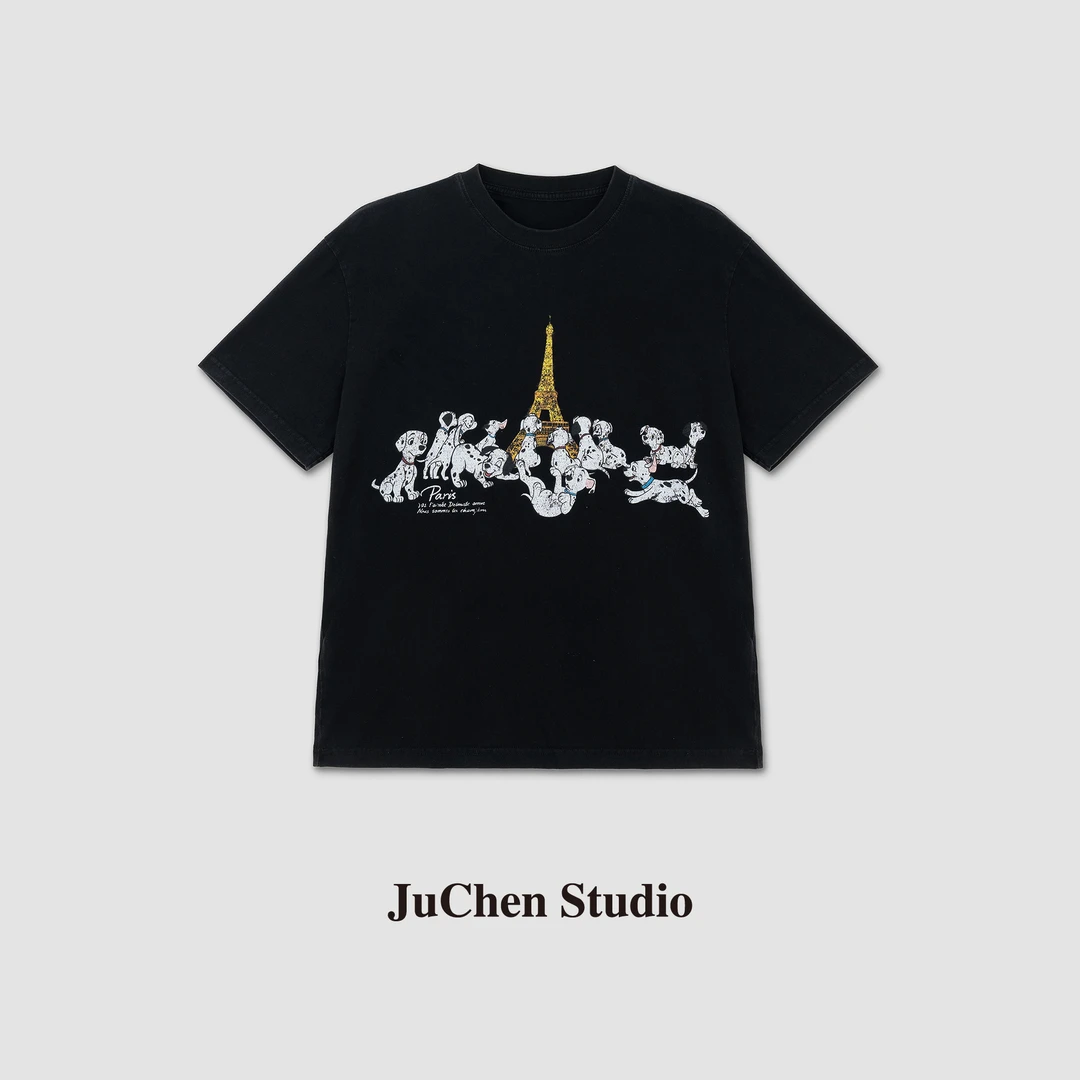 复古水洗做旧卡通小狗印花宽松短袖T恤上衣SS032568-16“斑点狗”