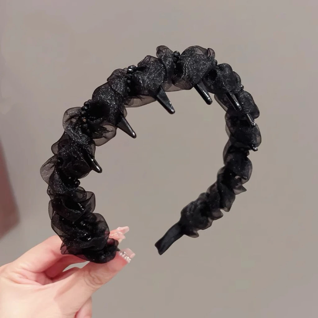 黑色带齿发箍女日常外戴高颅顶早春新款网纱米珠头饰发饰高级感