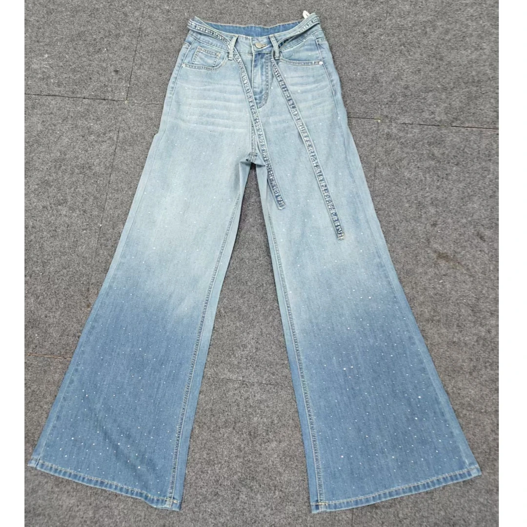 25200渐变蓝烫钻弹力水洗高街女牛仔裤高腰休闲微喇长裤