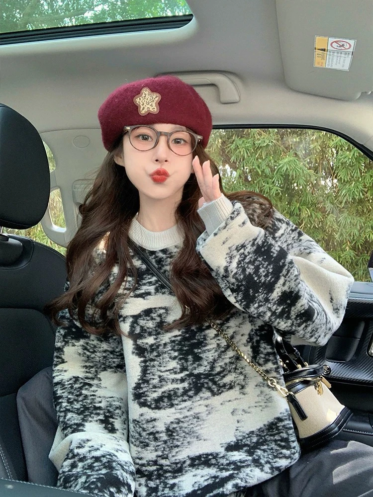 设计感水墨晕染毛衣女秋冬2024新款复古小众高级感加厚套头7653