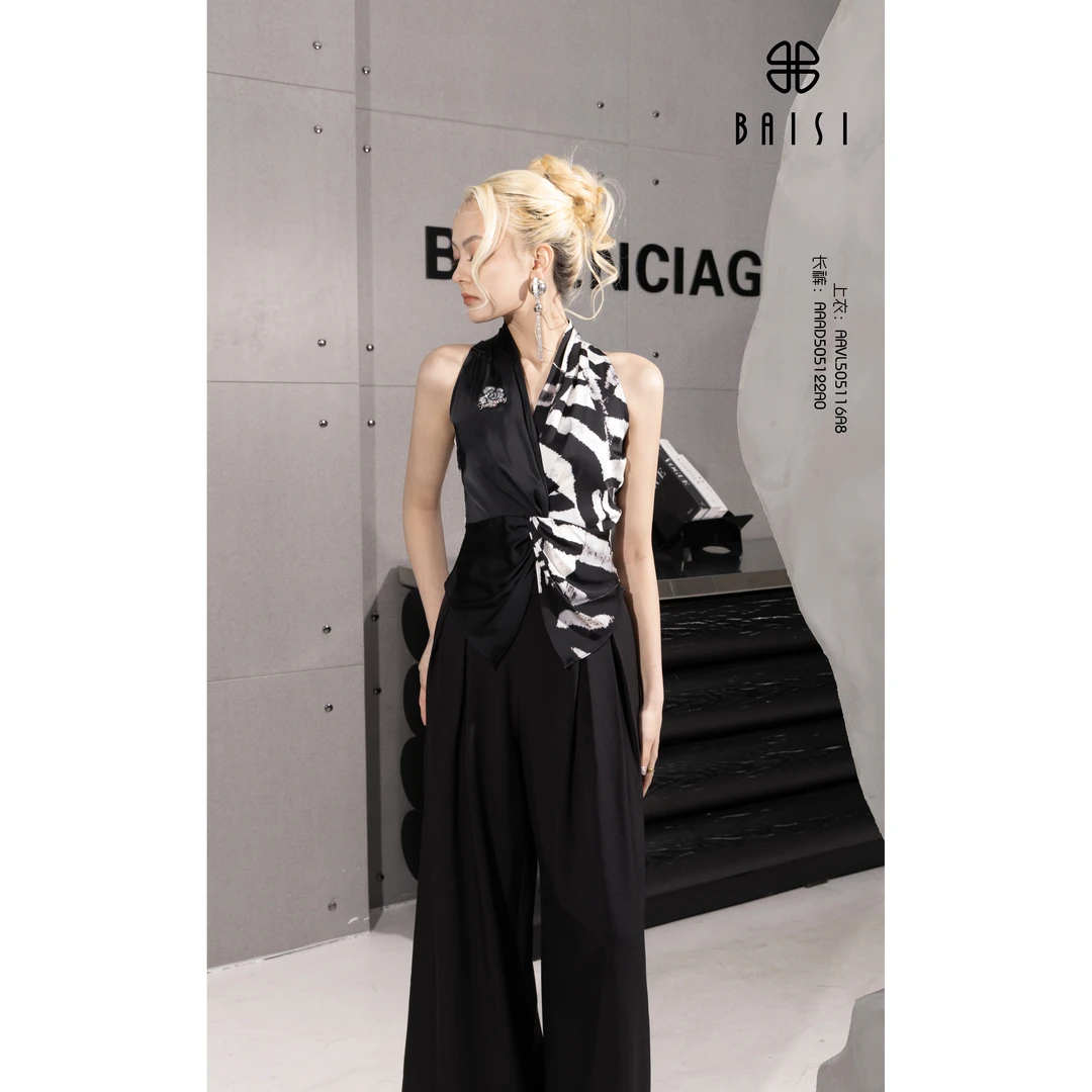BAISI 百丝2025夏装AAVL505117A8黑白撞色拼接上衣