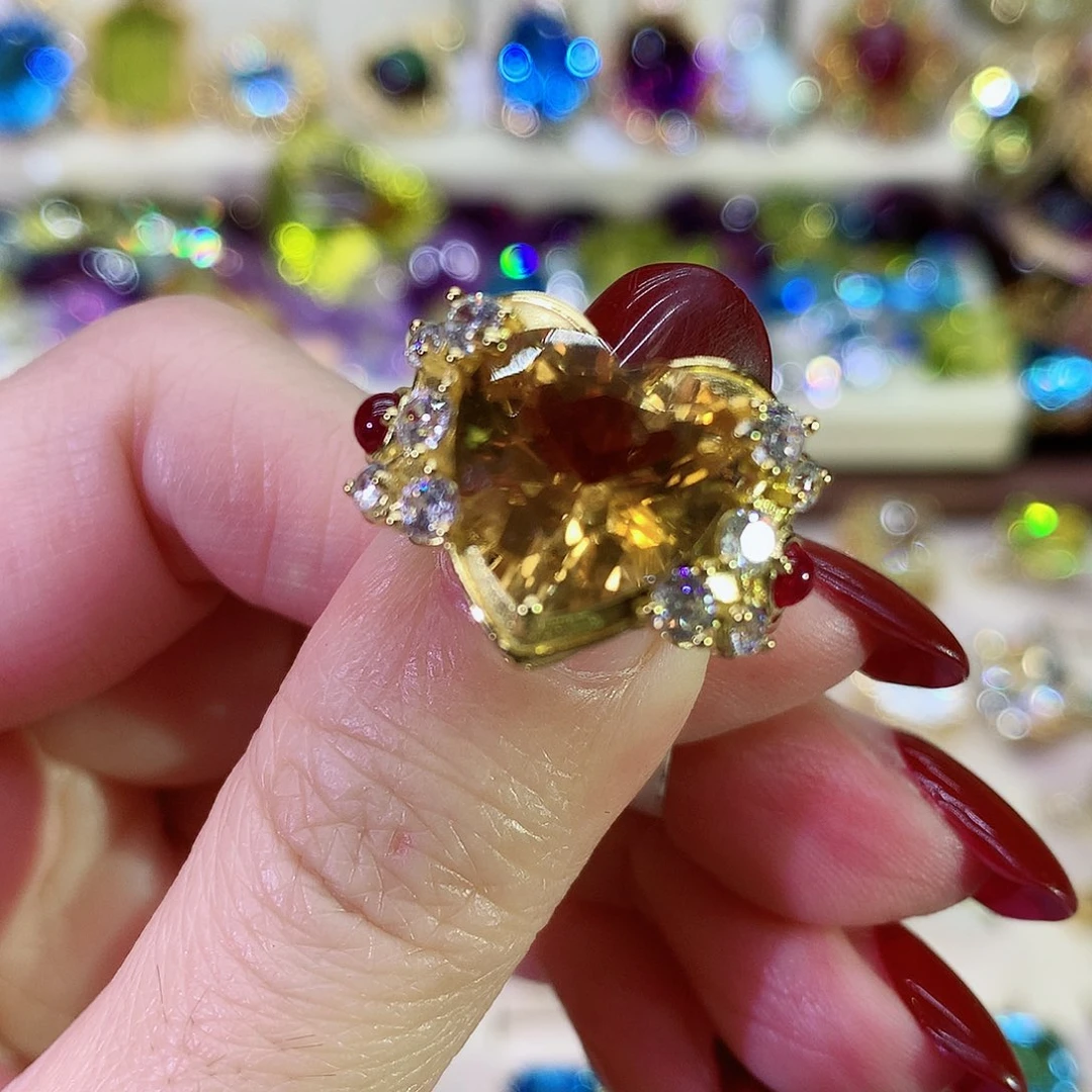 黄晶戒指银S925镀金镶嵌