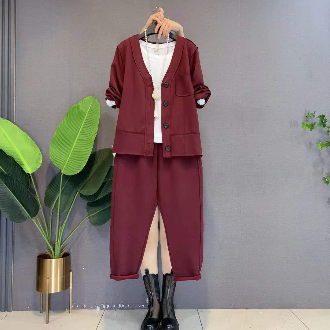 欧货时尚新款欧货洋气纯色百搭开衫外套休闲裤韩版宽松百搭套装