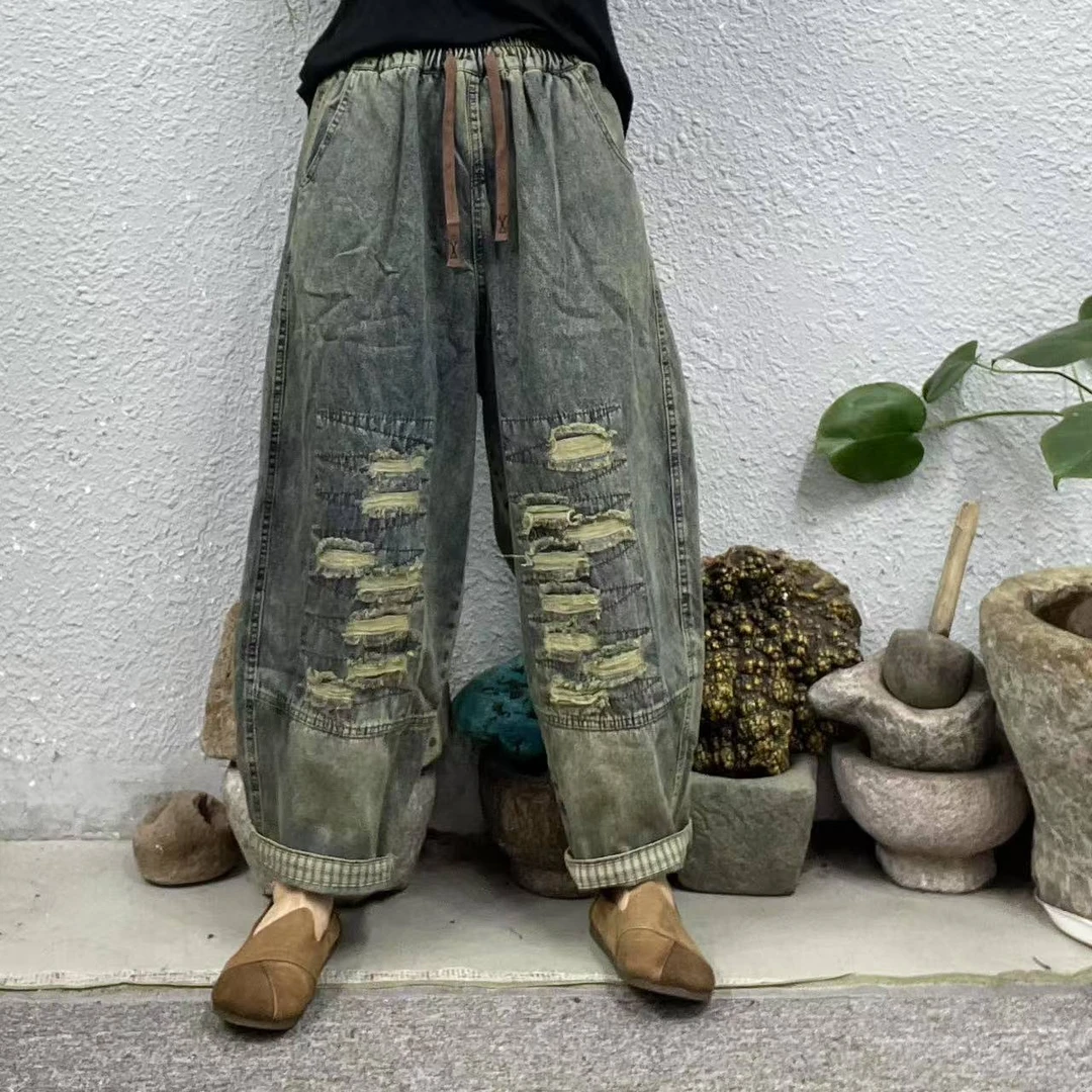 5628蓝色两膝盖绣线假破洞贴布炒色牛仔裤（长91臀围116脚口42