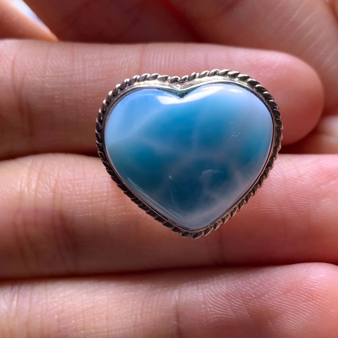 针钠钙石（海纹石）银S925镶嵌戒指爱心戒指色差略异