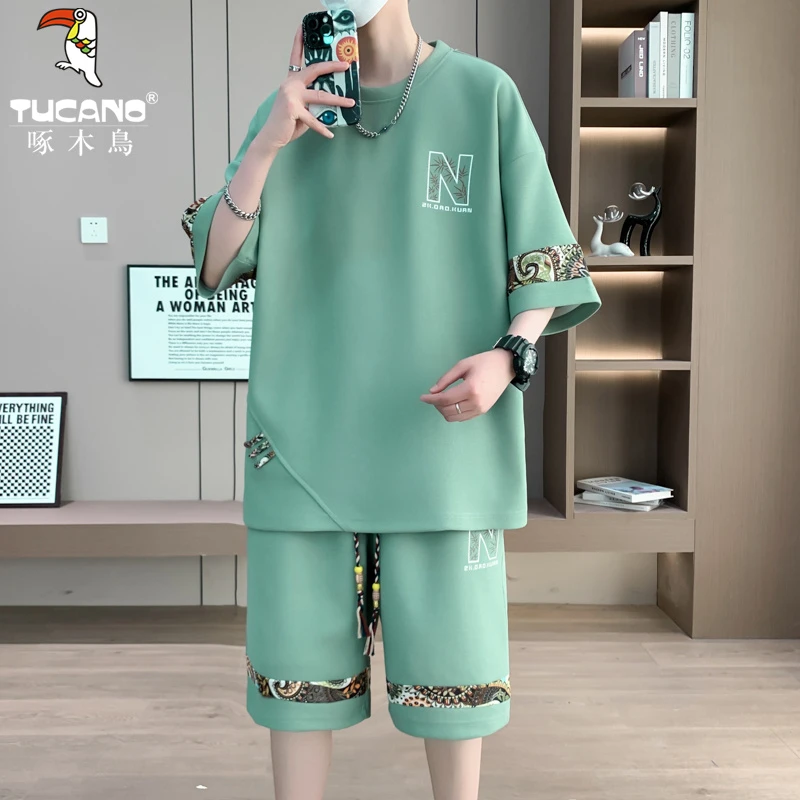 啄木鸟男士夏季套装青年新款短裤时尚休闲短袖t恤潮牌百搭两件套