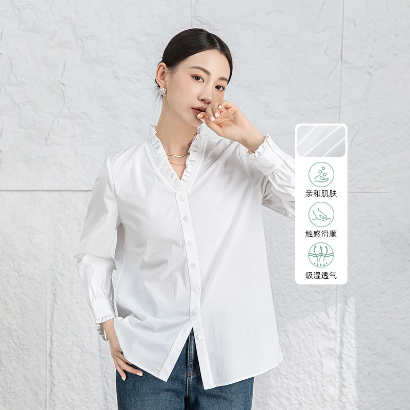 64081莱赛尔棉法式宫廷花边V领衬衫女设计感小众衬衣显瘦长袖上衣