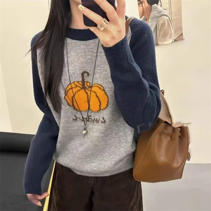 南瓜套头提花撞色减龄2025年冬季韩系显瘦宽松针织毛衣女显白洋气