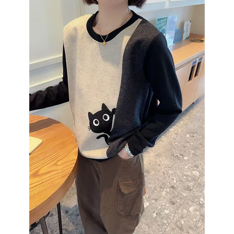 【高品质】小黑猫刺绣撞色2025秋冬新款时尚百搭高级设计款卫衣女