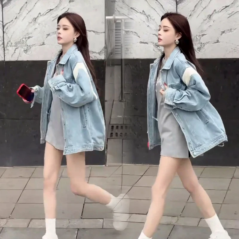 网红港风复古牛仔外套女春季新款宽松减龄Polo领小个子韩版上衣