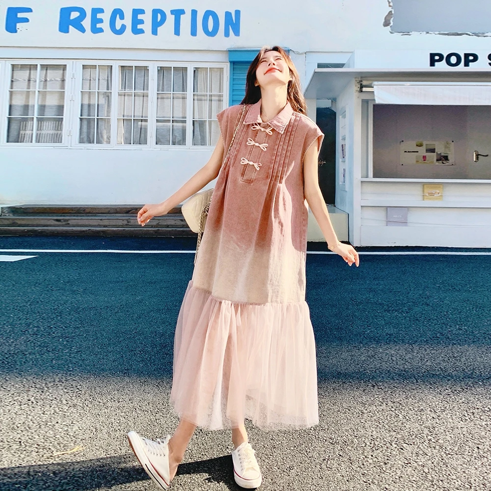 新中式国风网纱拼接牛仔连衣裙女夏季翻领渐变色休闲小飞袖长裙子