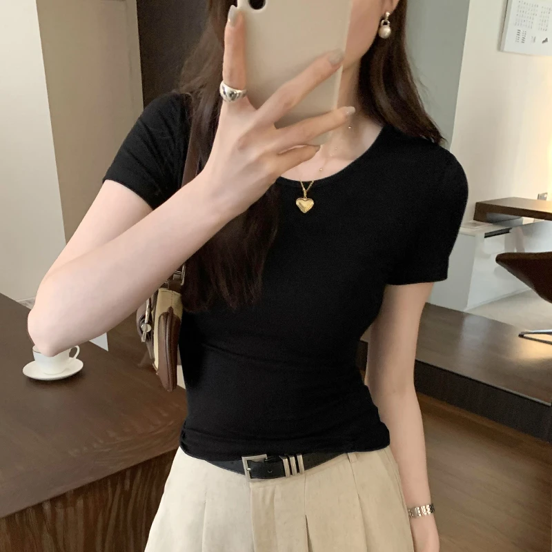 美式正肩短袖T恤女春季简约修身显瘦小个子辣妹紧身卡腰短款上衣