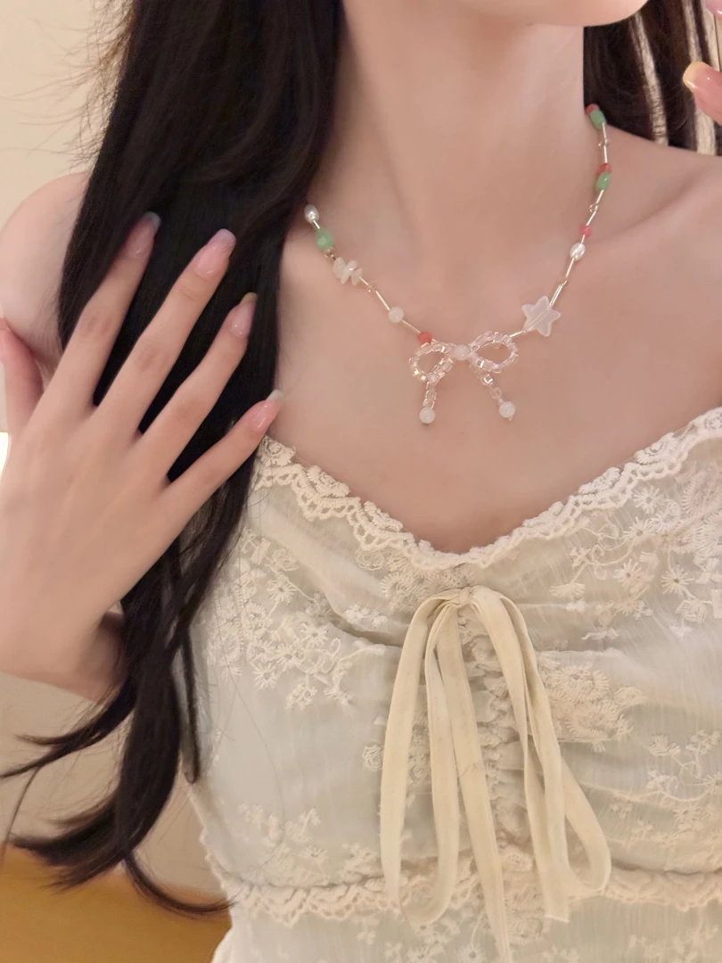 非金属树脂项链 夏日限定~ 串珠蝴蝶结项链小众可爱甜美锁骨链