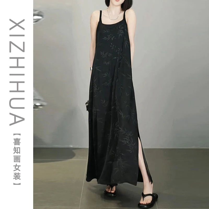 独特时尚高级感气质吊带长裙女夏季新款印花设计感开叉遮肉连衣裙