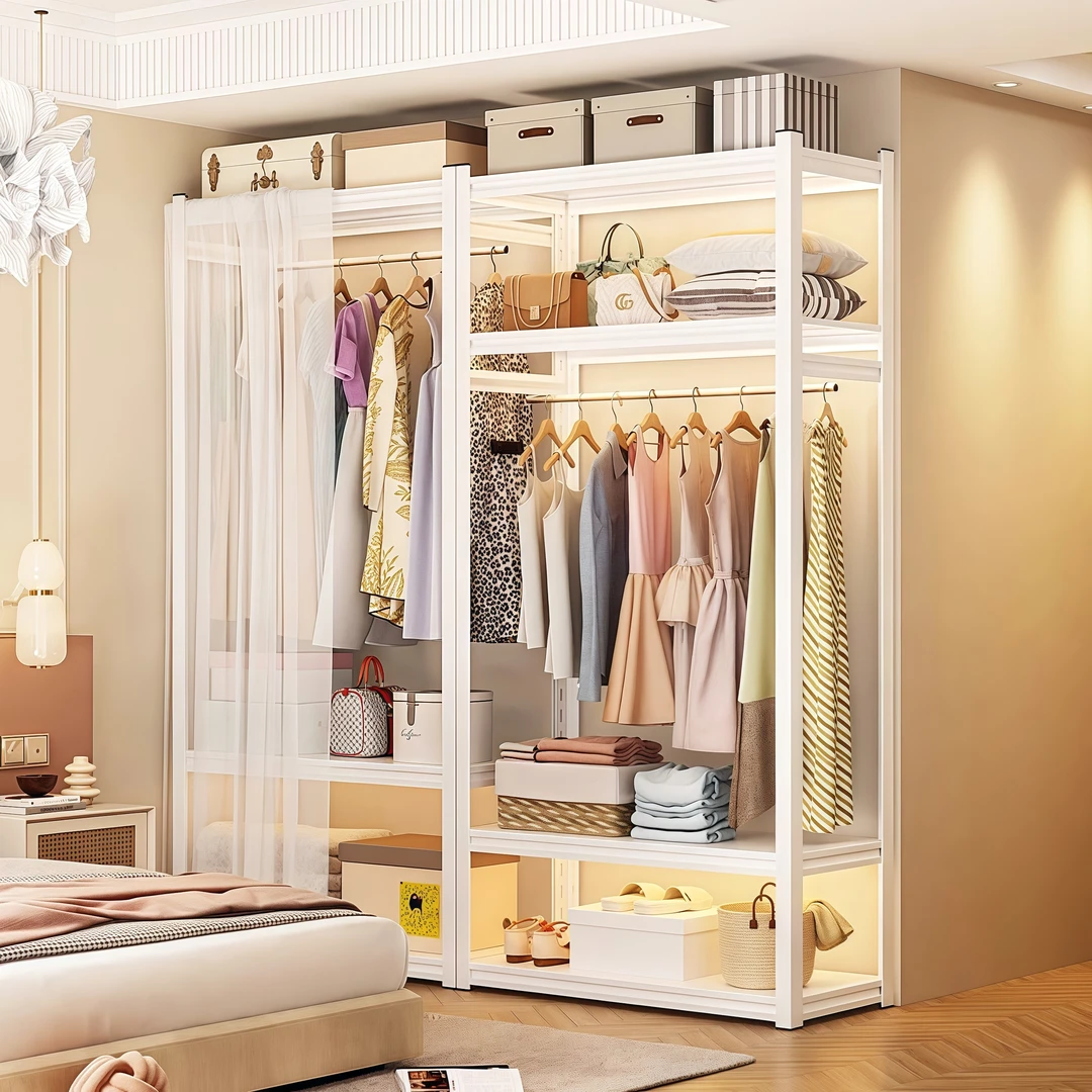 双层落地衣架家用开放式简易衣柜组装衣帽架置物架角钢货架储物架