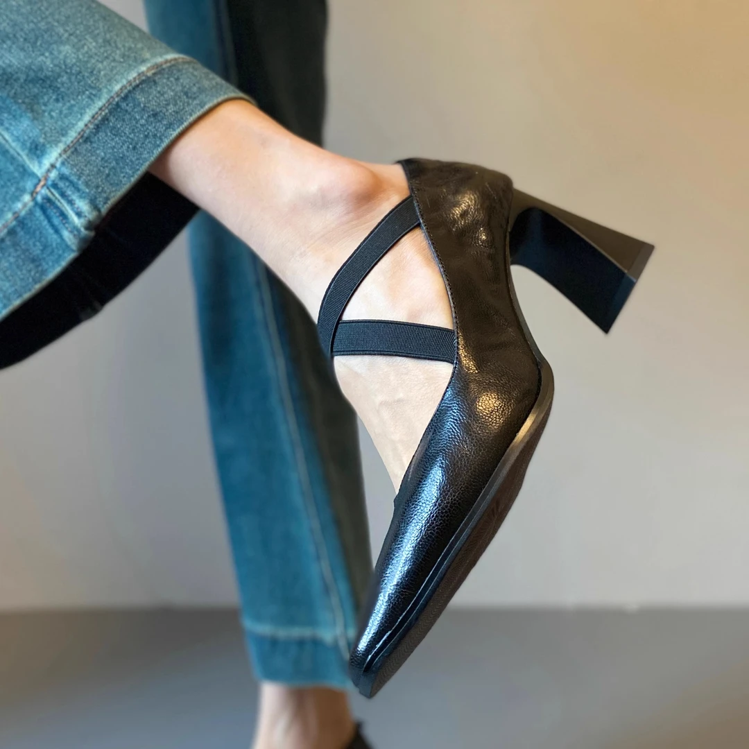 【与你相约】新款法式复古交叉带粗跟方头浅口单鞋女高跟玛丽珍鞋女