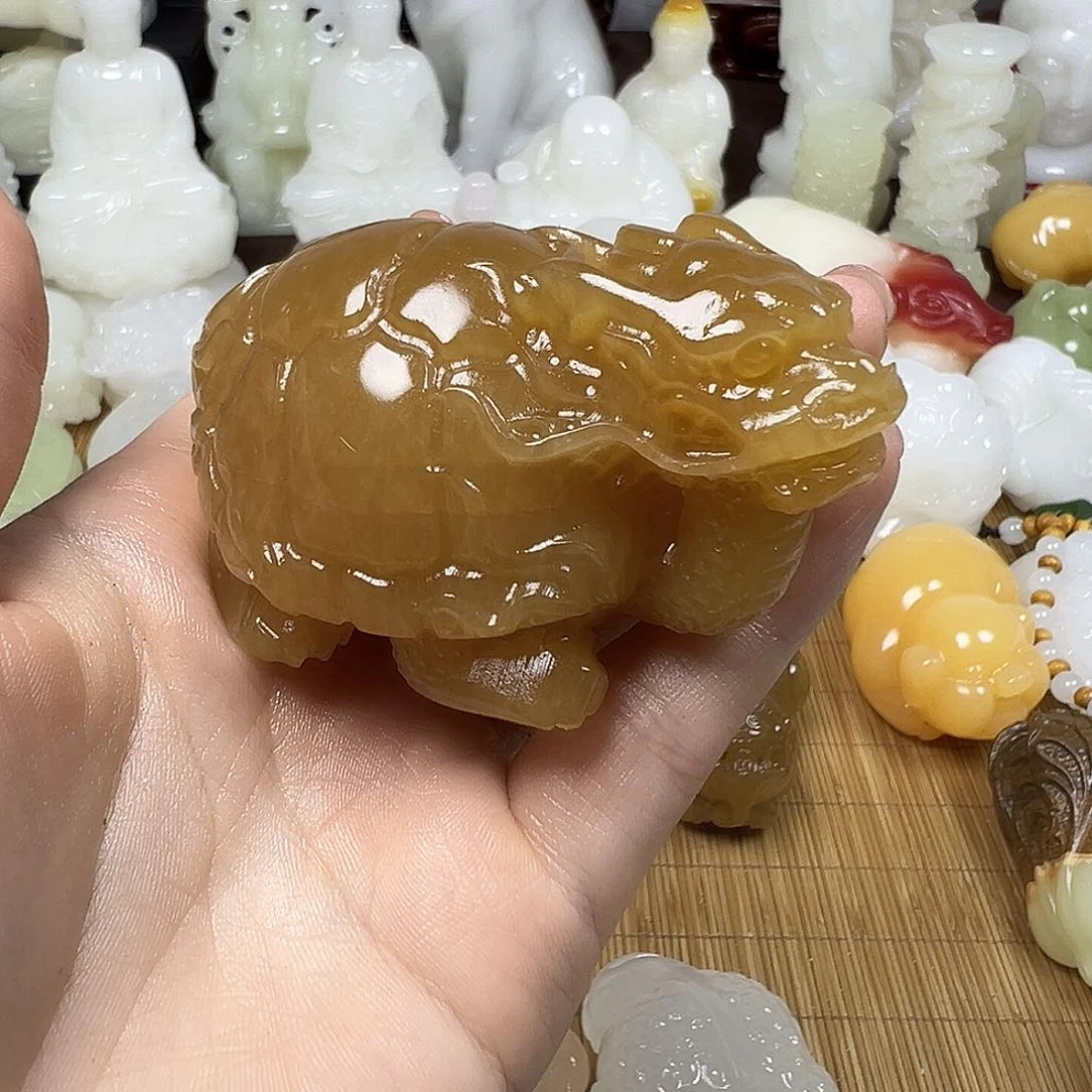 石材清**月红糖色龙龟手把