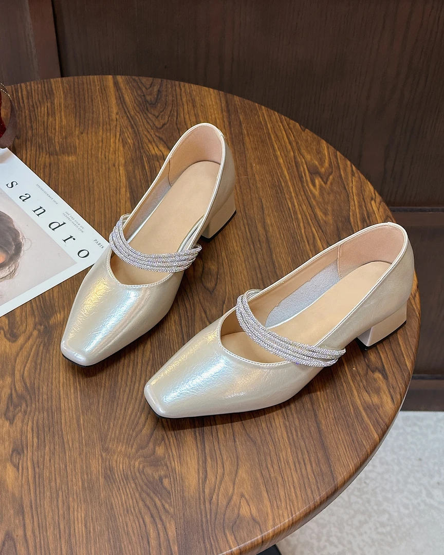 50-19粗跟水钻薄款一字式扣带夏季法式甜辣玛丽珍单鞋(跟高4cm)