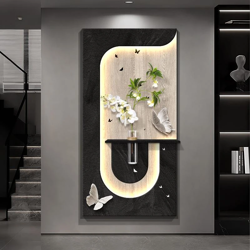 2025新款玄关带灯装饰画过道尽头砂岩挂画水培绿植高级感走廊灯画