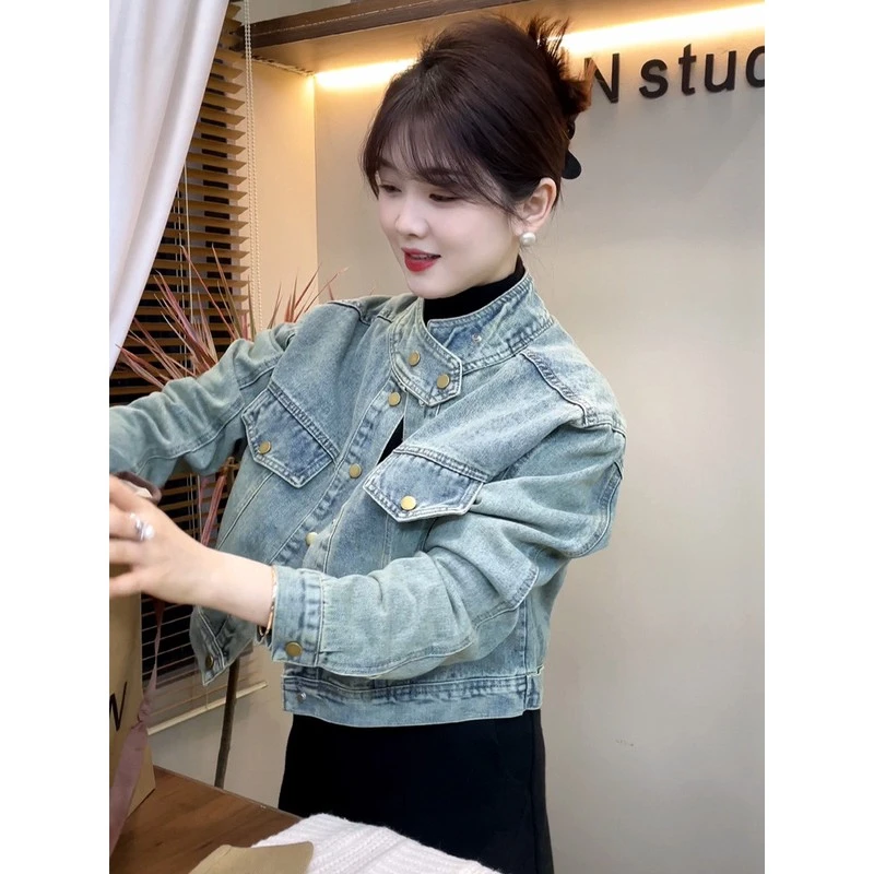 早春牛仔外套女2025新款爆款春款港风高级感短款立领夹克上衣女潮