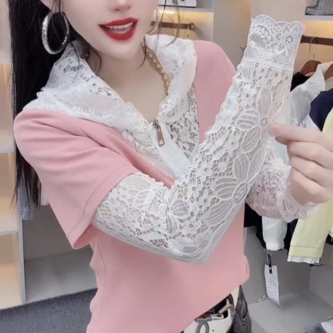 新款蕾丝帽假两件显瘦小衫