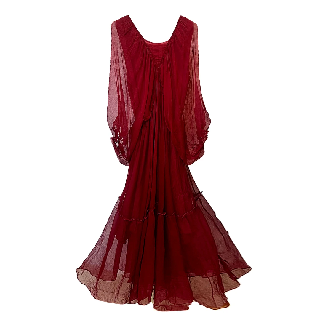 新款  100%桑蚕丝宽松蝙蝠袖印花裙子休闲感气质海边度假连衣裙女