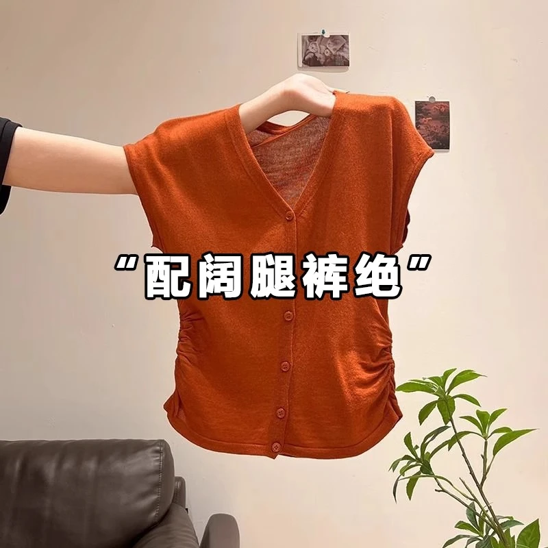 V领针织短袖T恤女2025夏季新款显瘦抽褶收腰短款小飞袖上衣