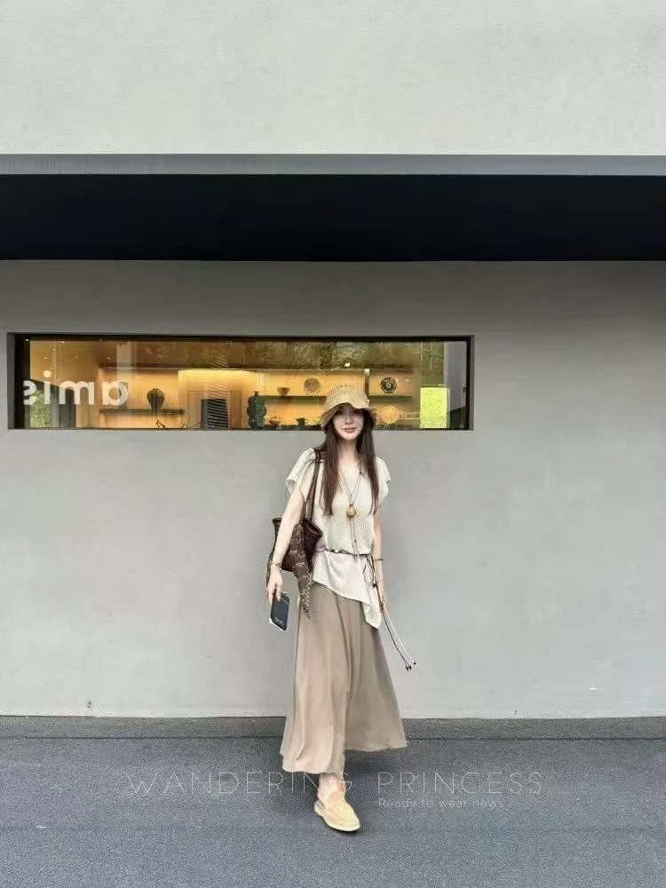 大码简约套装韩系条纹斜肩夏季衬衫无袖上衣高腰设计半身裙两件套