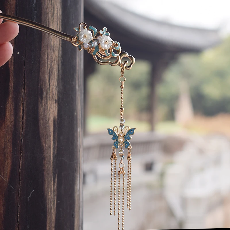 复古烧蓝古风流苏发簪簪子旗袍发钗步摇发饰配饰惴怀发簪