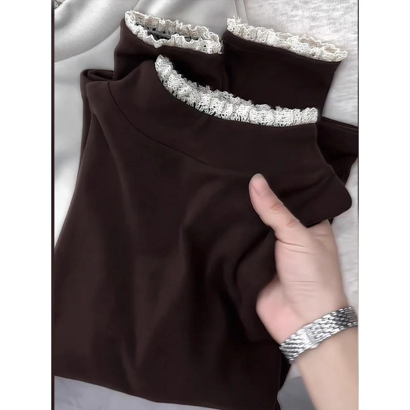 设计感蕾丝花边拼接针织衫长袖女2025冬季新款复古半高领打底上衣