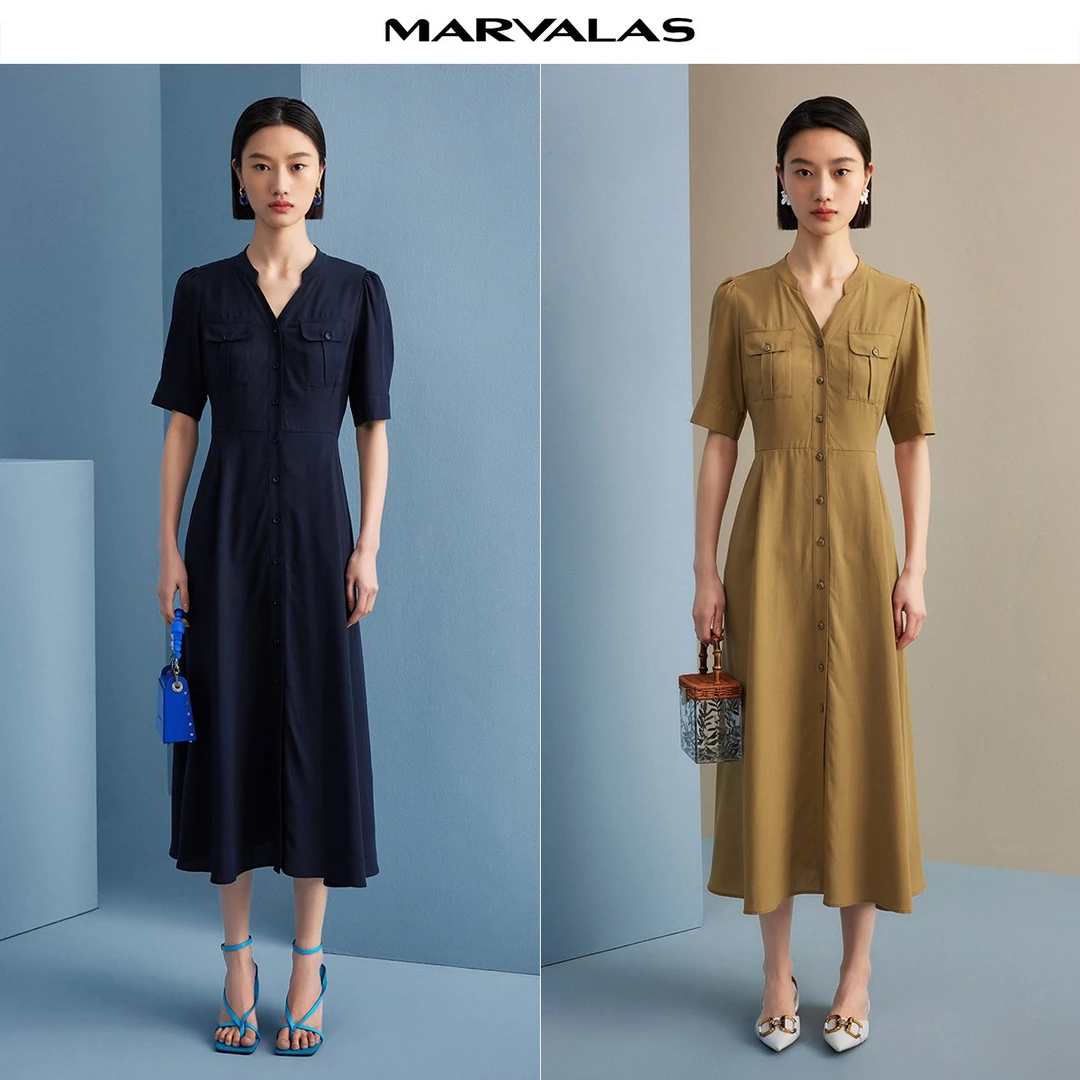 【芊芊专属】v领复古莱赛尔连衣裙夏季收腰衬衫裙M534201445