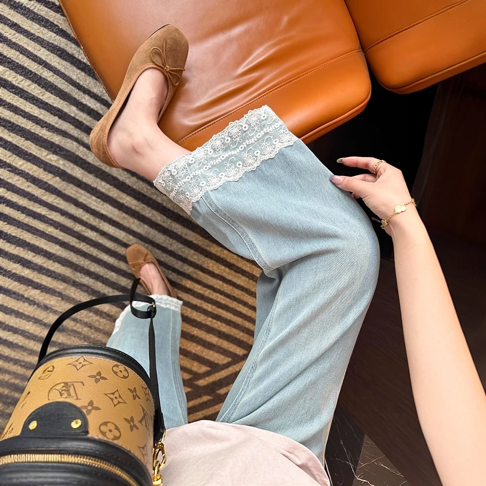 蕾丝边牛仔裤女春夏季微胖妹妹休闲直筒裤宽松高腰显瘦时尚阔腿裤