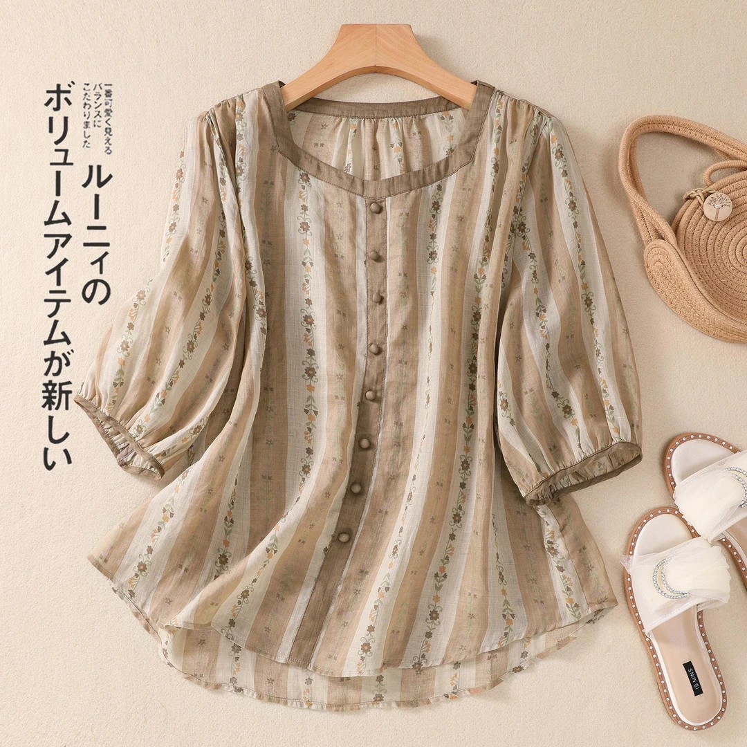 2025新款宽松休闲印花方领女装衬衫七分袖女