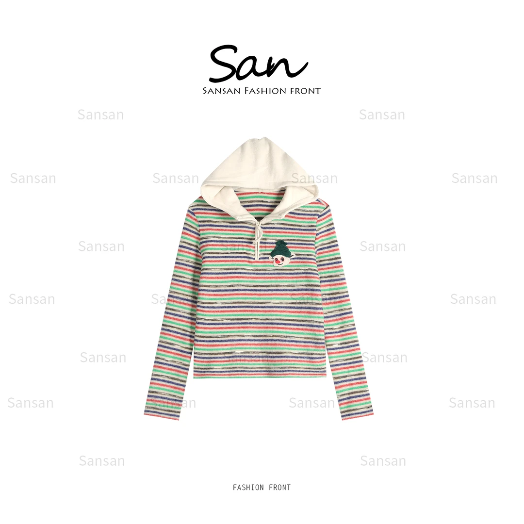 【SANSAN】小雪人连帽百搭休闲条纹撞色时尚休闲上衣DY-80325