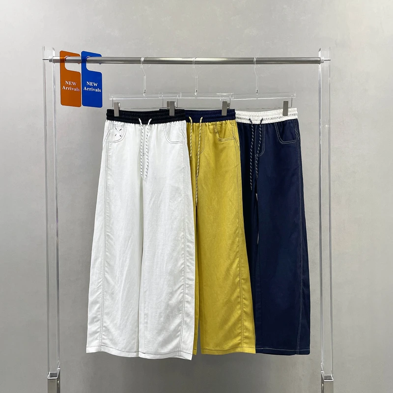 s.tt欧货时尚休闲麻料裤女夏季新款撞色腰带棉麻阔腿拖地裤63187