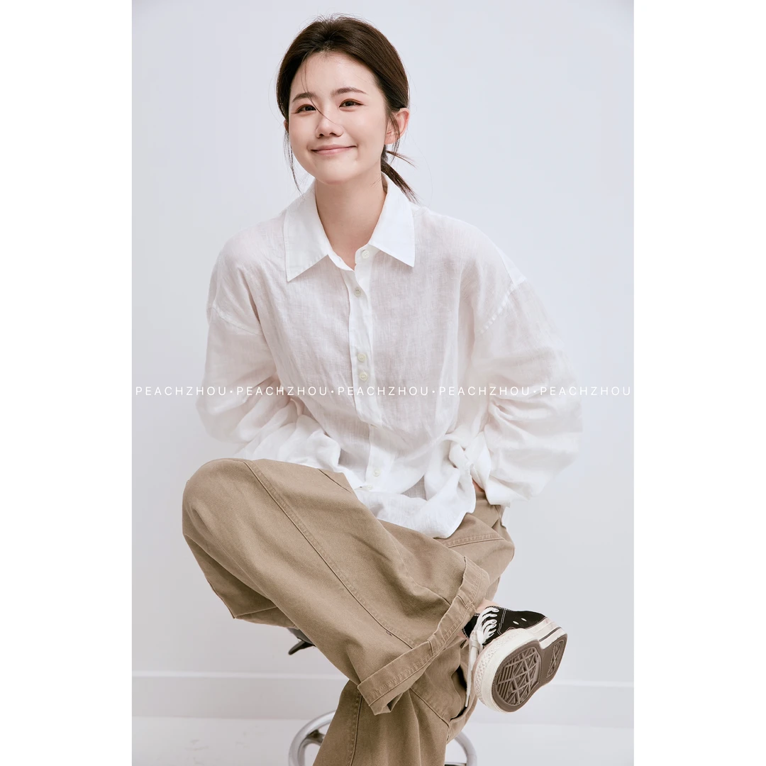 『PEACHZHOU』100亚麻极简纯色宽松翻领廓形衬衫休闲老钱松弛感长袖