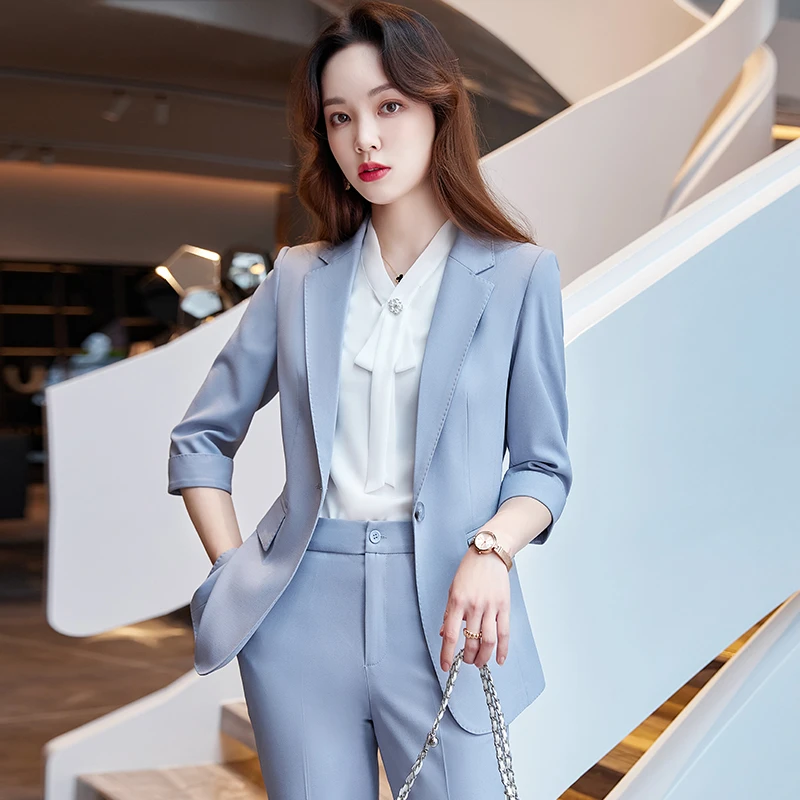 蓝色西装外套女士2025新款夏季气质女神范职业装中袖西服薄款休闲