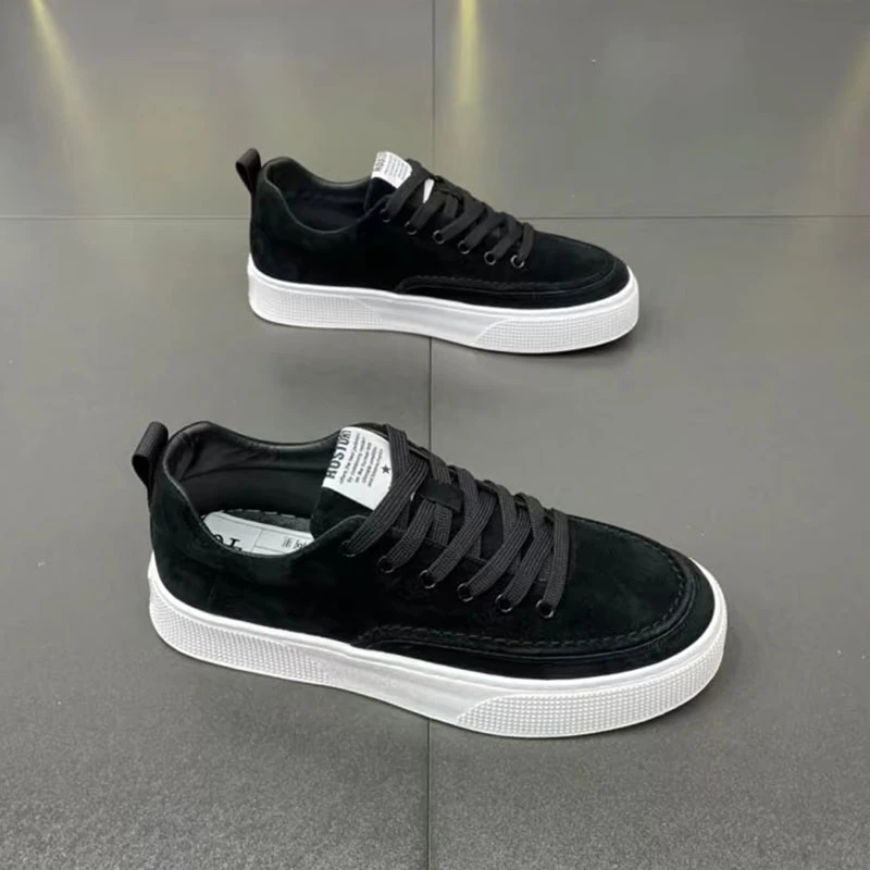 黑色板鞋男2025夏季新款平底软底翻毛皮低帮时尚休闲潮流运动鞋