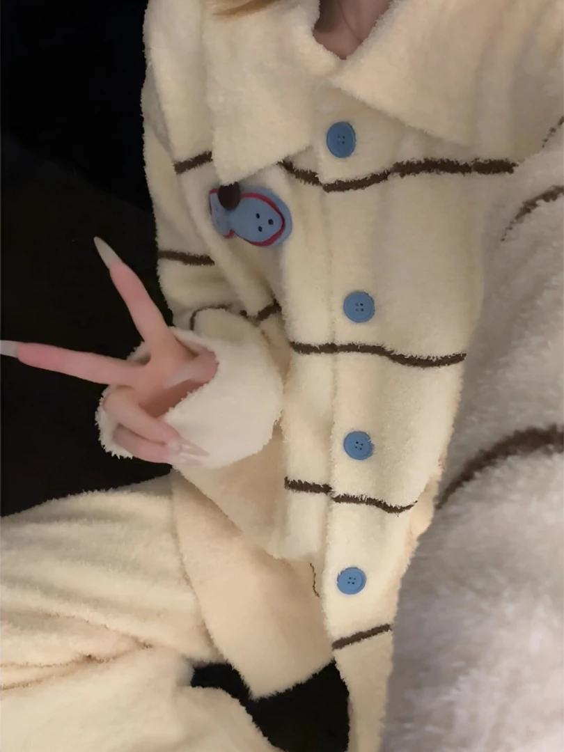 韩系酷猫慵懒风针织半边绒睡衣冬季套装加厚保暖家居休闲服可外穿