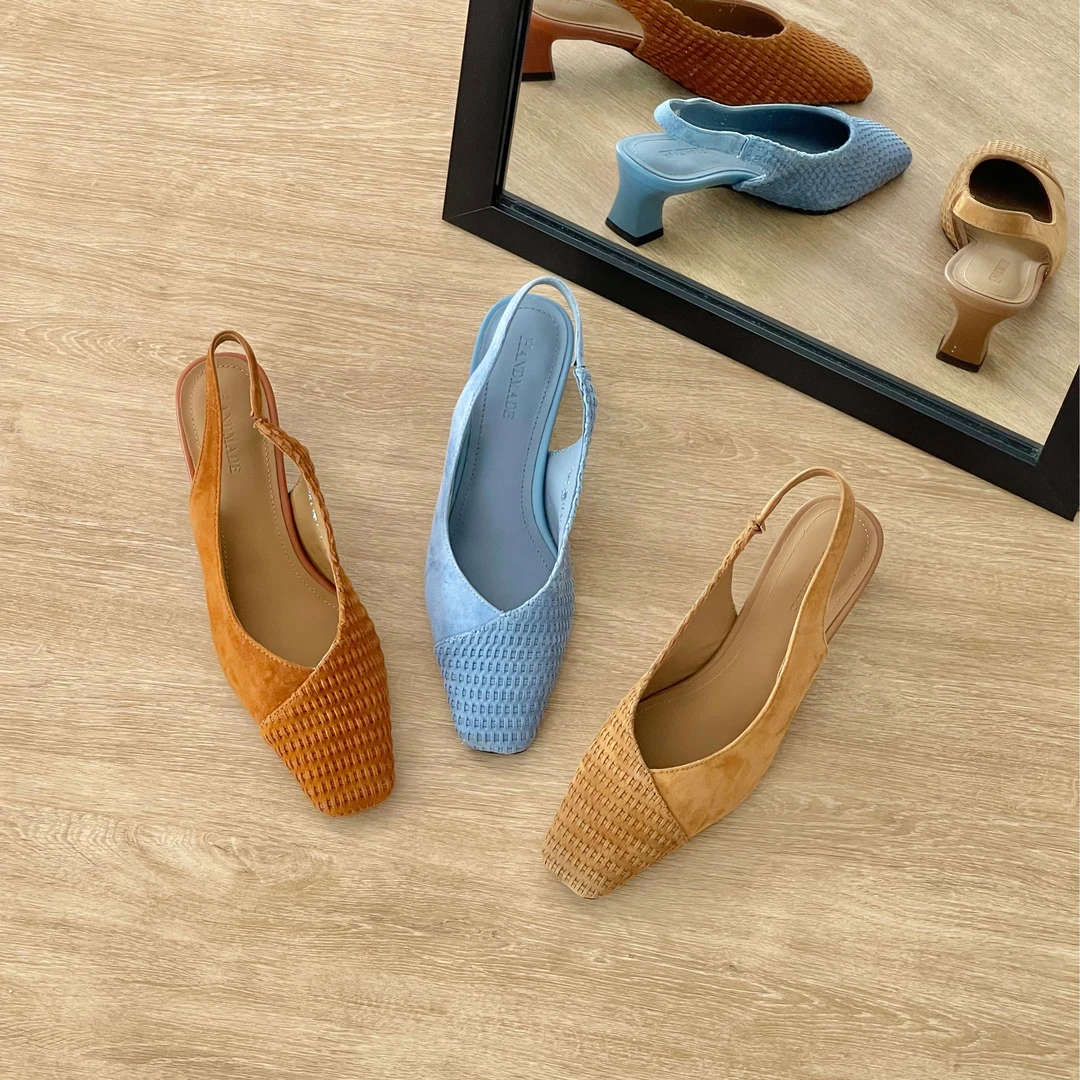 HUSSLOVE 头层羊皮·跟高4.5CM·复古百搭磨砂皮编织后空包头凉鞋女