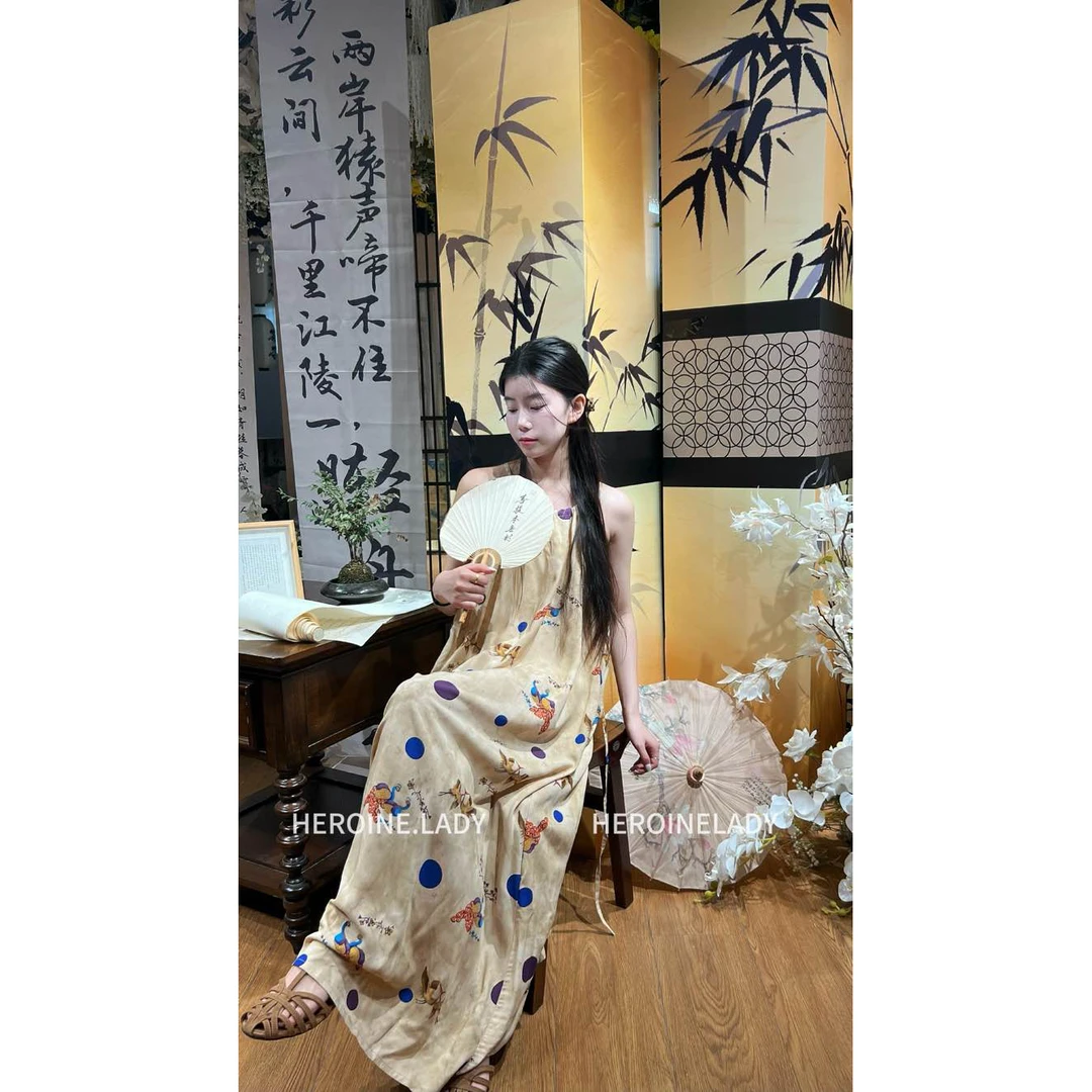 【东南枝】HL棉绸夏季吊带挂脖孔雀宽松长款显瘦无袖印花连衣裙