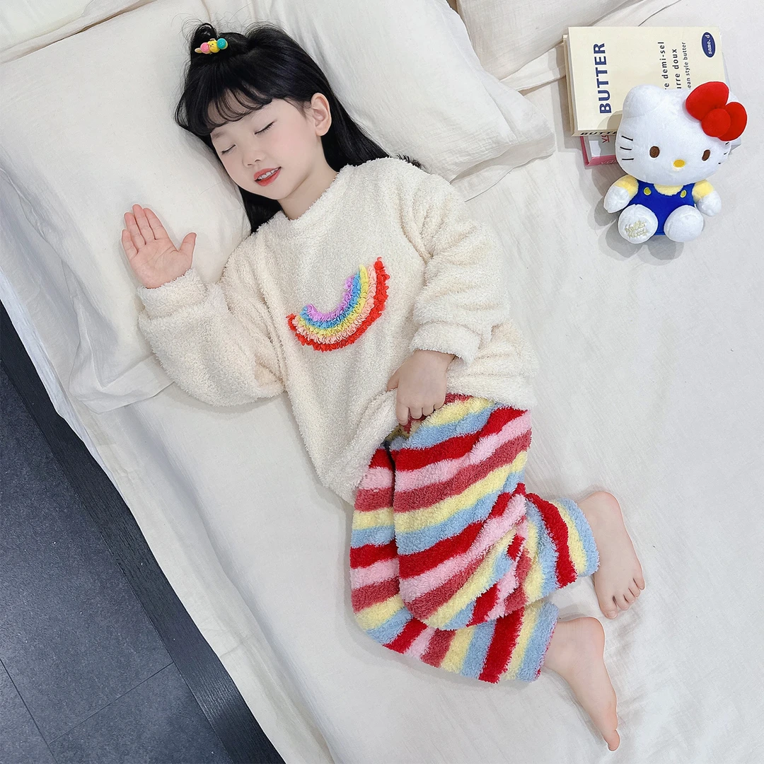 儿童睡衣秋冬款珊瑚绒加厚套装宝宝雪粒绒冬季女童法兰绒家居服