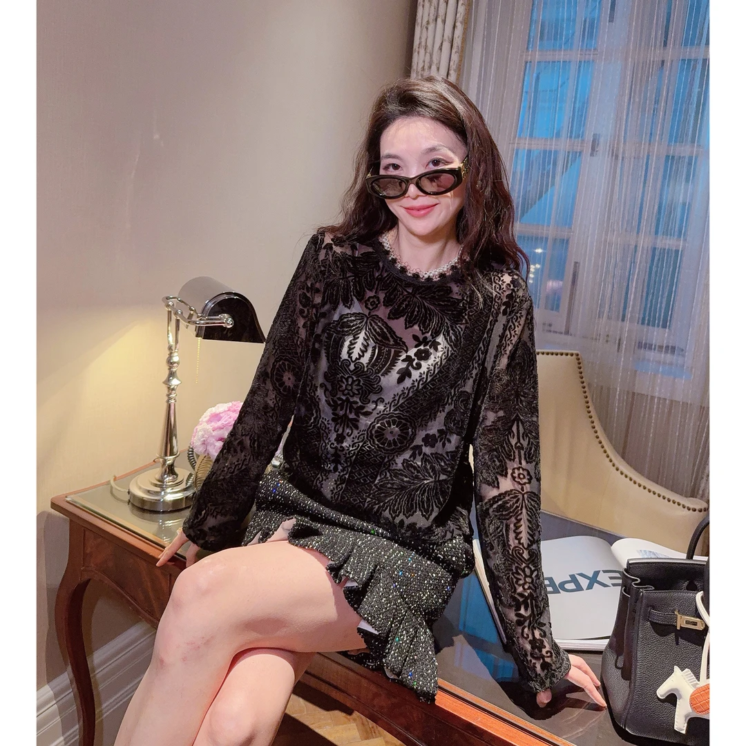 MissLuxury【若隐若现】早秋黑丝绒内搭上衣女显瘦设计感打底衫新