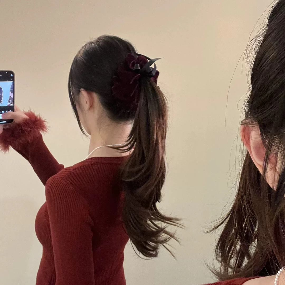 焦糖罗曼~红棕色复古植绒蝴蝶结香蕉夹高级感独特后脑勺抓夹头饰